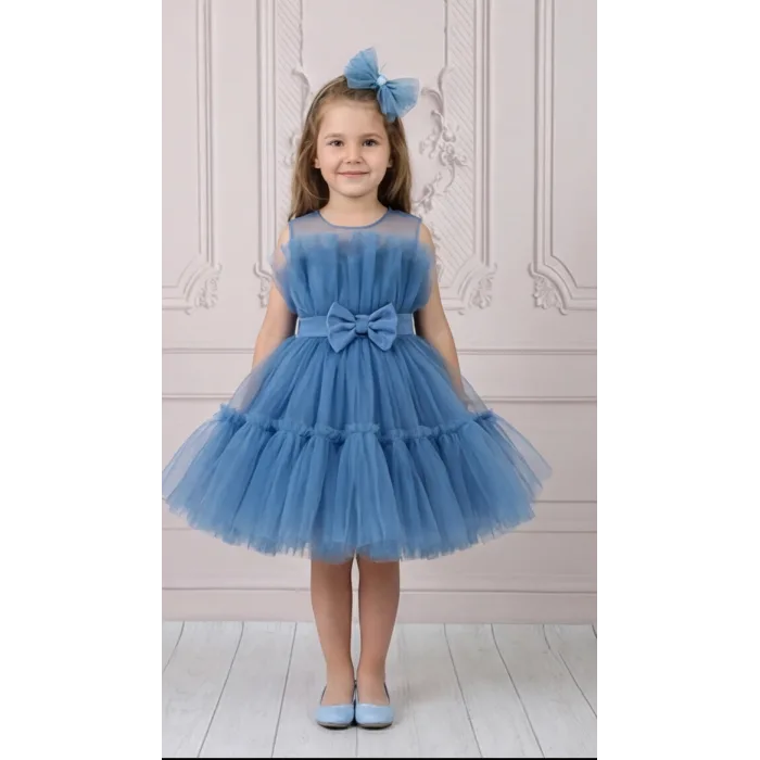 Kız Çocuk İndigo Şeffaf Üst Ön Fiyonk Detaylı Kemerli Kabarık