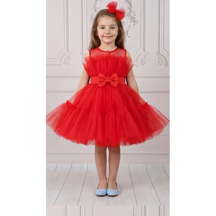Kız Çocuk Kırmızı Şeffaf Üst Ön Fiyonk Detaylı Kemerli Kabarık
