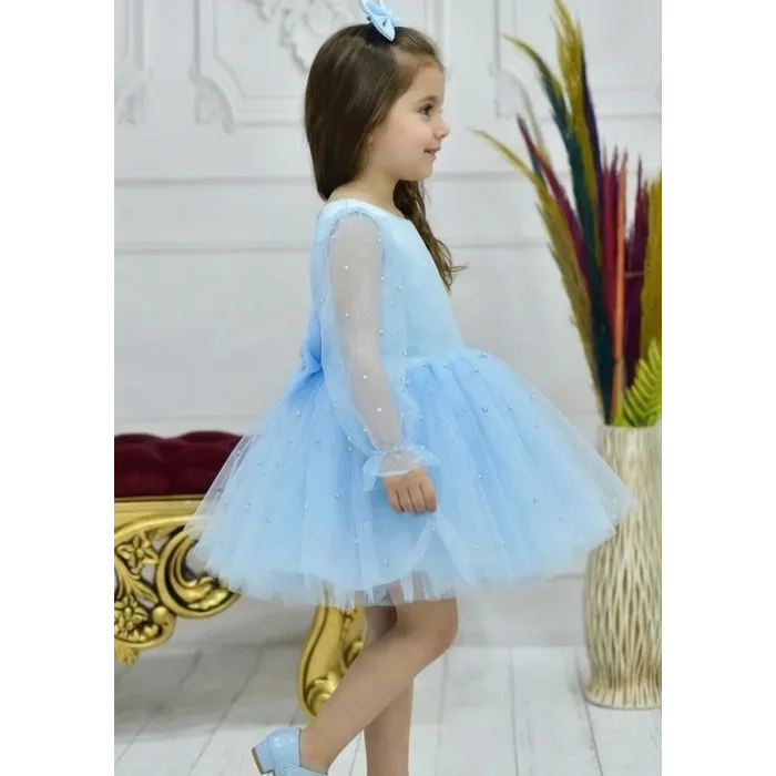 Kız Çocuk Bebe Mavisi Incili Uzun Kol Incili Kabarık Elbise