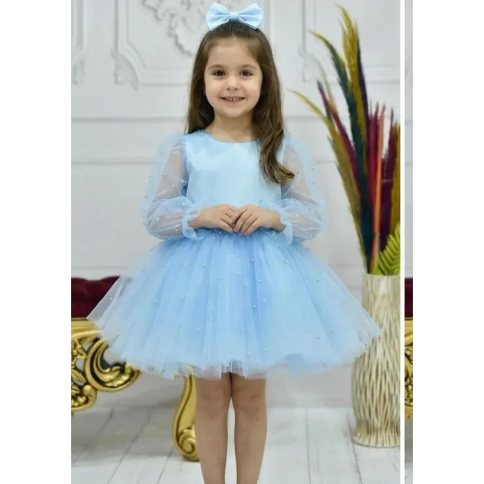 Kız Çocuk Bebe Mavisi Incili Uzun Kol Incili Kabarık Elbise
