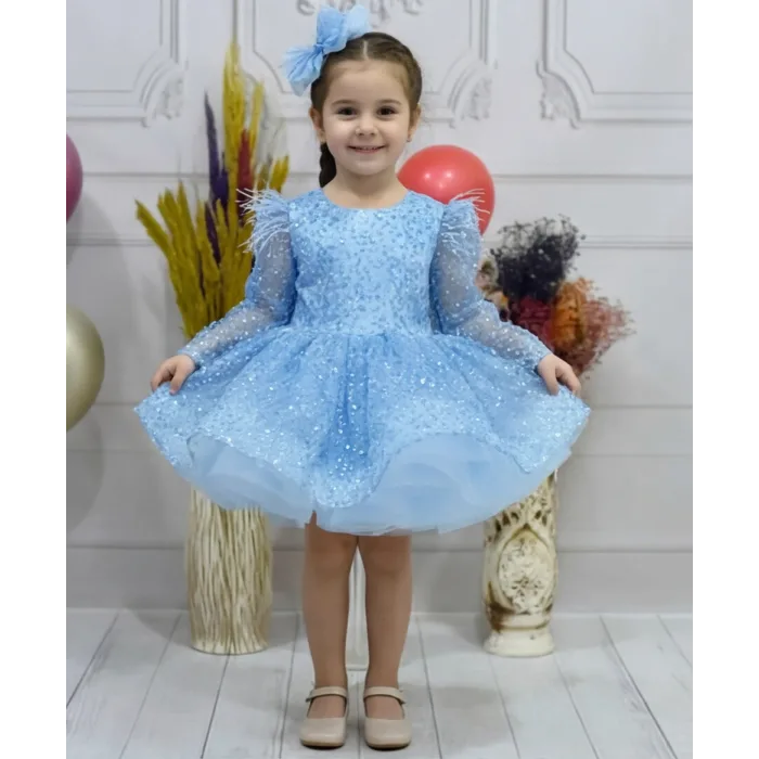 Kız Çocuk Bebe Mavisi Boncuklu Payetli Uzun Kol Kabarık Elbise Abiye Gelinlik