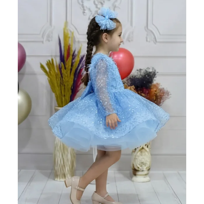 Kız Çocuk Bebe Mavisi Boncuklu Payetli Uzun Kol Kabarık Elbise Abiye Gelinlik