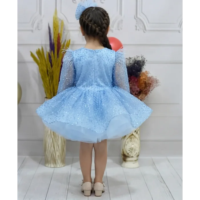 Kız Çocuk Bebe Mavisi Boncuklu Payetli Uzun Kol Kabarık Elbise Abiye Gelinlik