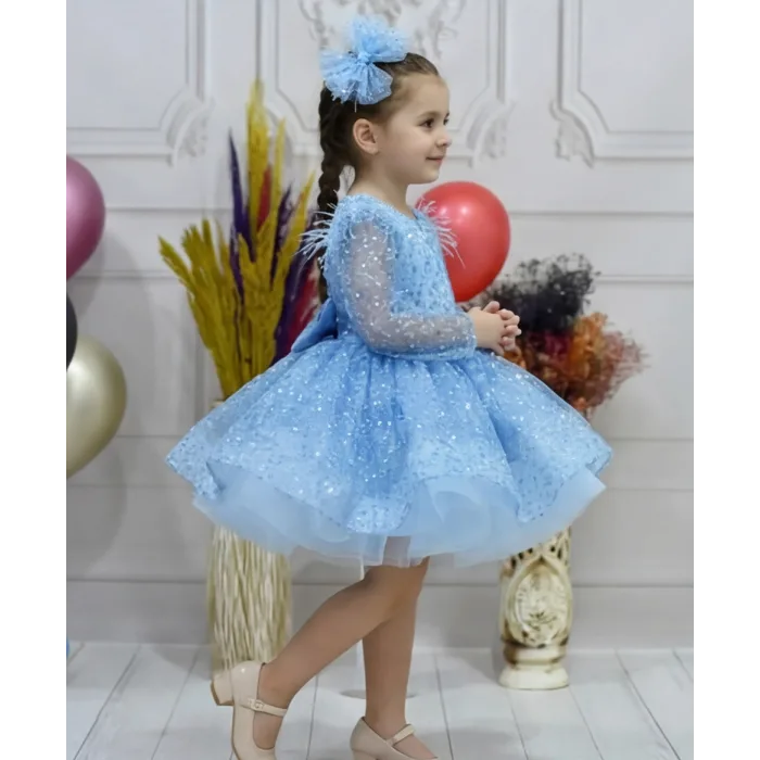 Kız Çocuk Bebe Mavisi Boncuklu Payetli Uzun Kol Kabarık Elbise Abiye Gelinlik