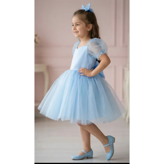 Kız Çocuk Bebe Mavisi Balon Kalp Detaylı Kısa Kol Elbise