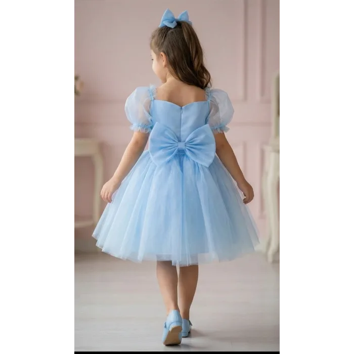 Kız Çocuk Bebe Mavisi Balon Kalp Detaylı Kısa Kol Elbise