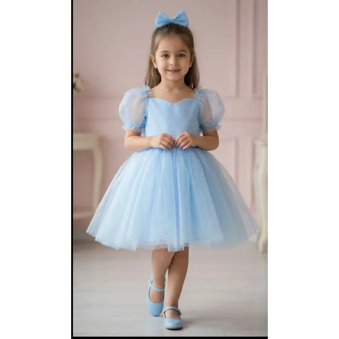 Kız Çocuk Bebe Mavisi Balon Kalp Detaylı Kısa Kol Elbise