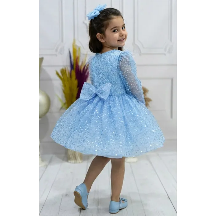 Kız Çocuk Bebe Mavisi Boncuklu Payetli Dekolteli Uzun Kol Kabarık Elbise