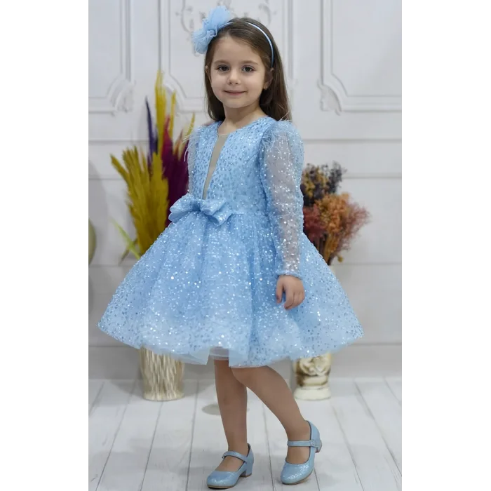 Kız Çocuk Bebe Mavisi Boncuklu Payetli Dekolteli Uzun Kol Kabarık Elbise