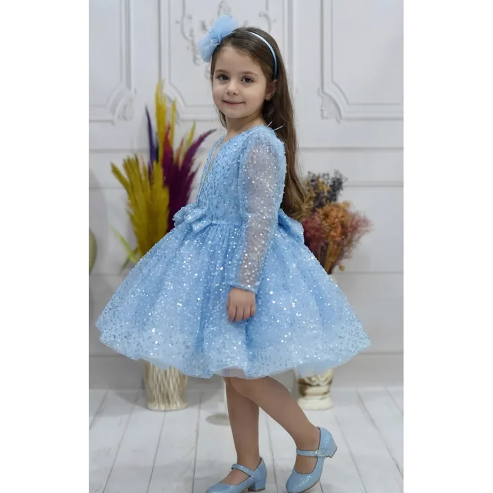 Kız Çocuk Bebe Mavisi Boncuklu Payetli Dekolteli Uzun Kol Kabarık Elbise