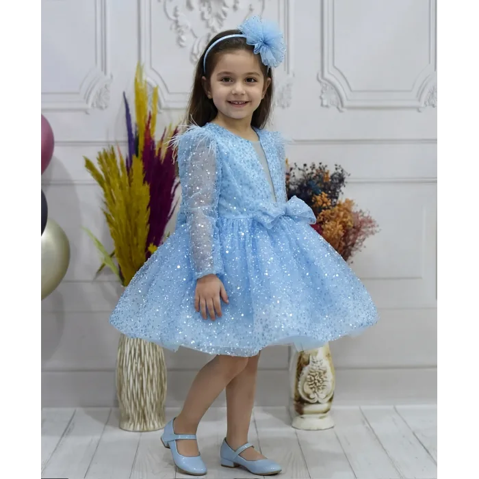 Kız Çocuk Bebe Mavisi Boncuklu Payetli Dekolteli Uzun Kol Kabarık Elbise