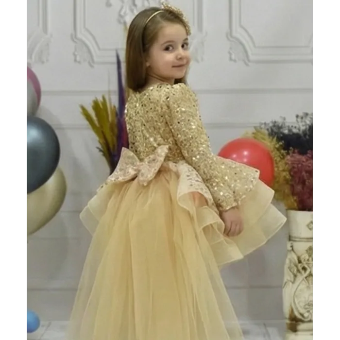 Kız Çocuk Gold Kuyruklu Boncuklu Payetli Kabarık Elbise
