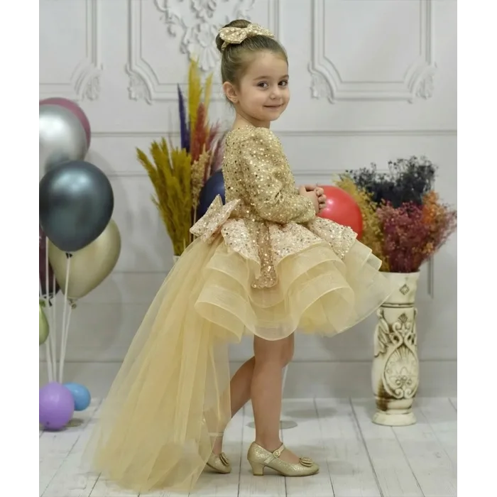 Kız Çocuk Gold Kuyruklu Boncuklu Payetli Kabarık Elbise