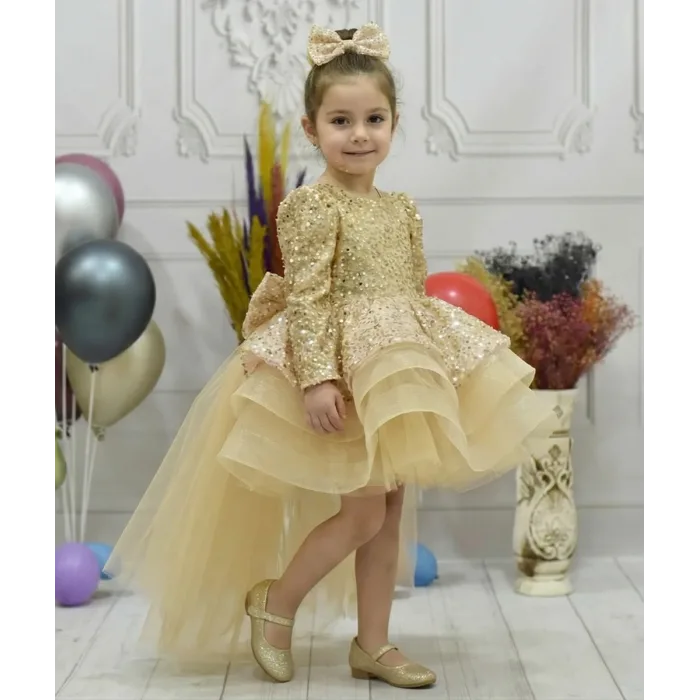 Kız Çocuk Gold Kuyruklu Boncuklu Payetli Kabarık Elbise