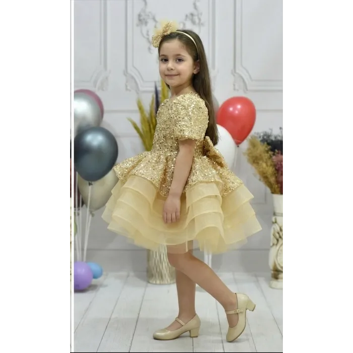 Kız Çocuk Gold Boncuklu Payetli Kısa Balon Kol Kabarık Elbise