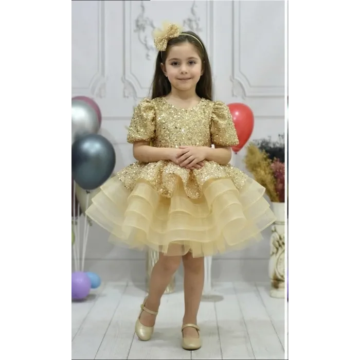 Kız Çocuk Gold Boncuklu Payetli Kısa Balon Kol Kabarık Elbise