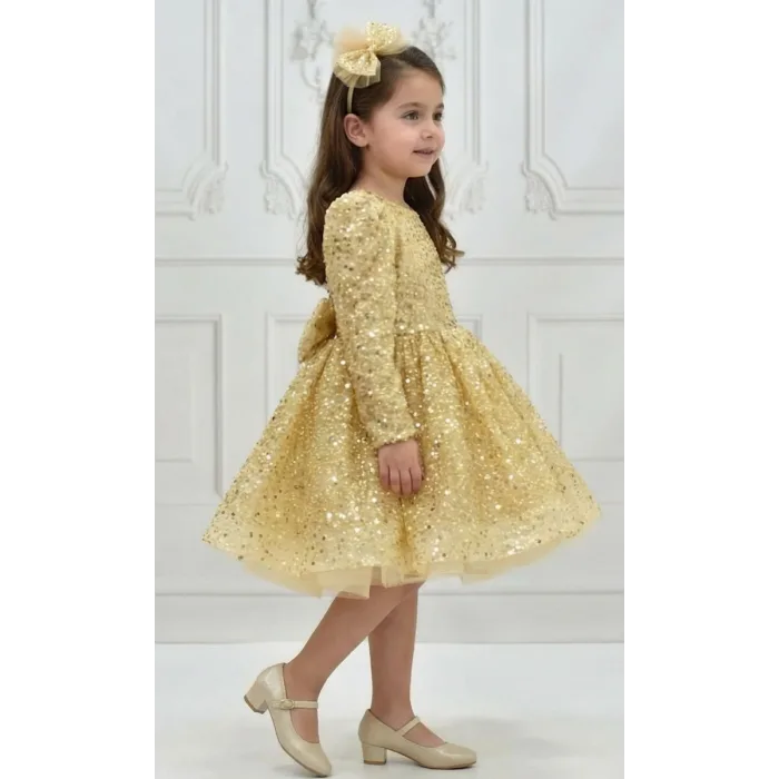 Kız Çocuk Gold Boncuklu Payetli Kabarık Elbise Uzun Kol