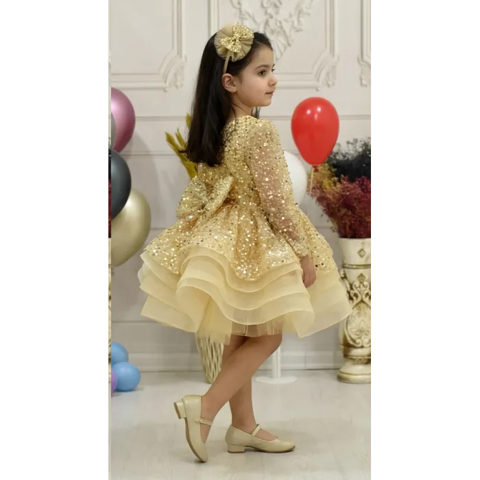 Kız Çocuk Gold Boncuklu Payetli Uzun Kol Kabarık Elbise