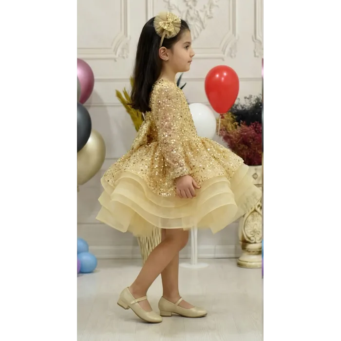 Kız Çocuk Gold Boncuklu Payetli Uzun Kol Kabarık Elbise