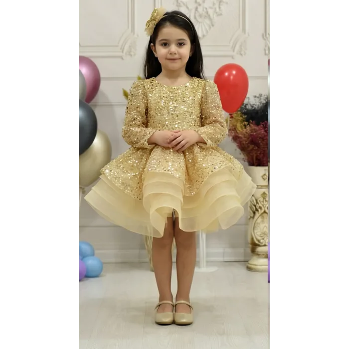 Kız Çocuk Gold Boncuklu Payetli Uzun Kol Kabarık Elbise