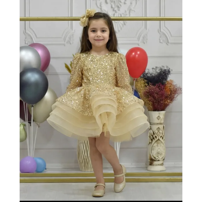 Kız Çocuk Gold Boncuklu Payetli Uzun Kol Kabarık Elbise