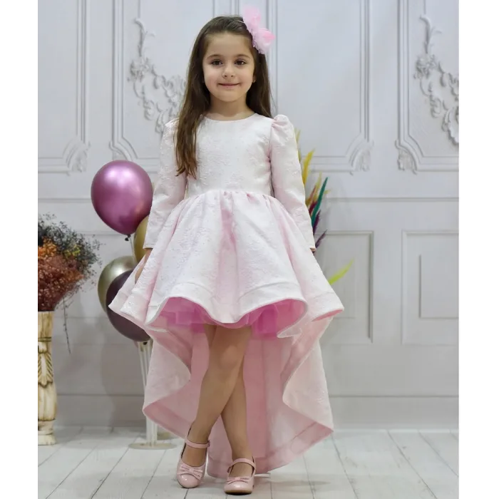 Kız Çocuk Şeker Pembesi Desenli Kumaş Kuyruklu Elbise
