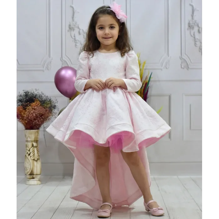 Kız Çocuk Şeker Pembesi Desenli Kumaş Kuyruklu Elbise