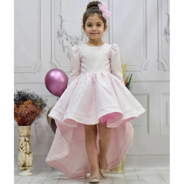 Kız Çocuk Şeker Pembesi Desenli Kumaş Kuyruklu Elbise