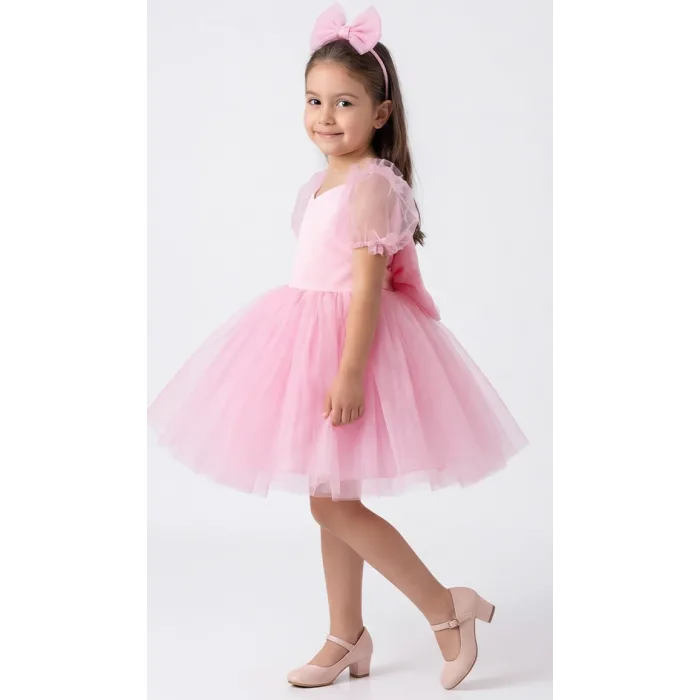 Kız Çocuk Şeker Pembesi Kalp Detaylı Balon Kısa Kol Elbise