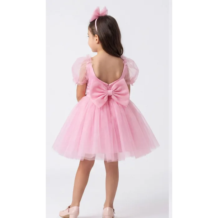 Kız Çocuk Şeker Pembesi Kalp Detaylı Balon Kısa Kol Elbise