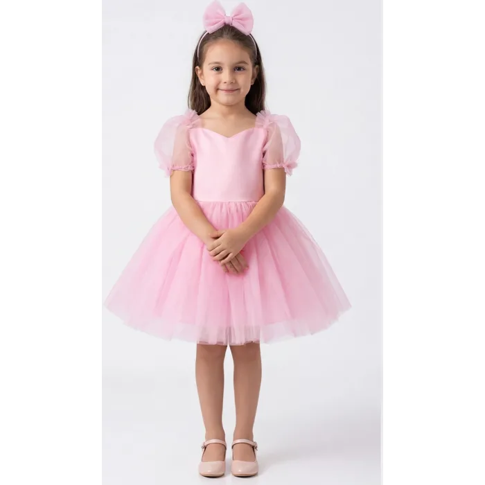 Kız Çocuk Şeker Pembesi Kalp Detaylı Balon Kısa Kol Elbise