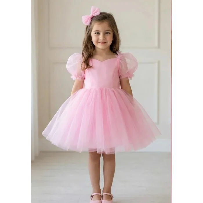 Kız Çocuk Şeker Pembesi Kalp Detaylı Balon Kısa Kol Elbise