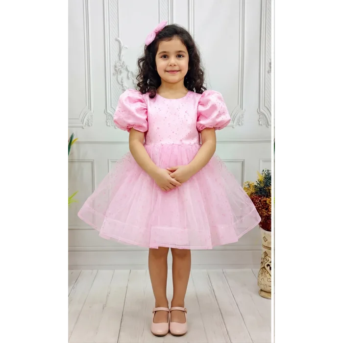 Pembe Flok Kısa Kol Elbise Abiye Gelinlik