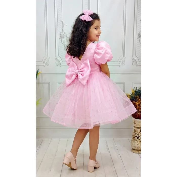 Pembe Flok Kısa Kol Elbise Abiye Gelinlik