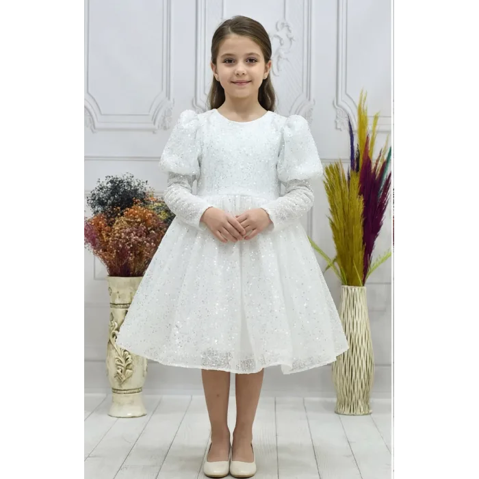 Kız Çocuk Beyaz Boncuklu Balon ve Düz Kol Elbise