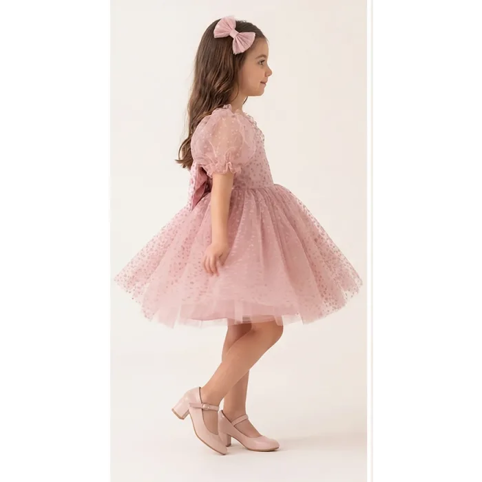Kız Çocuk Pudra Flok Tüllü Prenses Kol Kalp Detaylı Kabarık Elbise