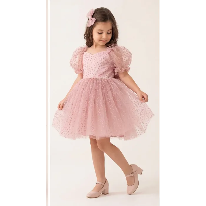 Kız Çocuk Pudra Flok Tüllü Prenses Kol Kalp Detaylı Kabarık Elbise