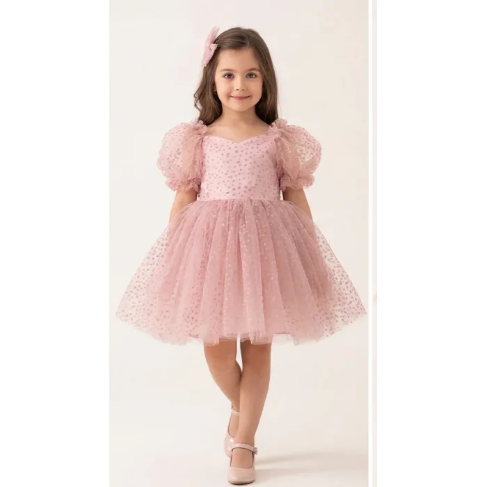 Kız Çocuk Pudra Flok Tüllü Prenses Kol Kalp Detaylı Kabarık Elbise