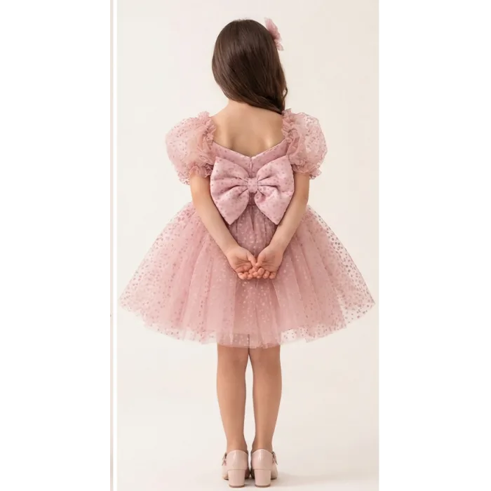 Kız Çocuk Pudra Flok Tüllü Prenses Kol Kalp Detaylı Kabarık Elbise