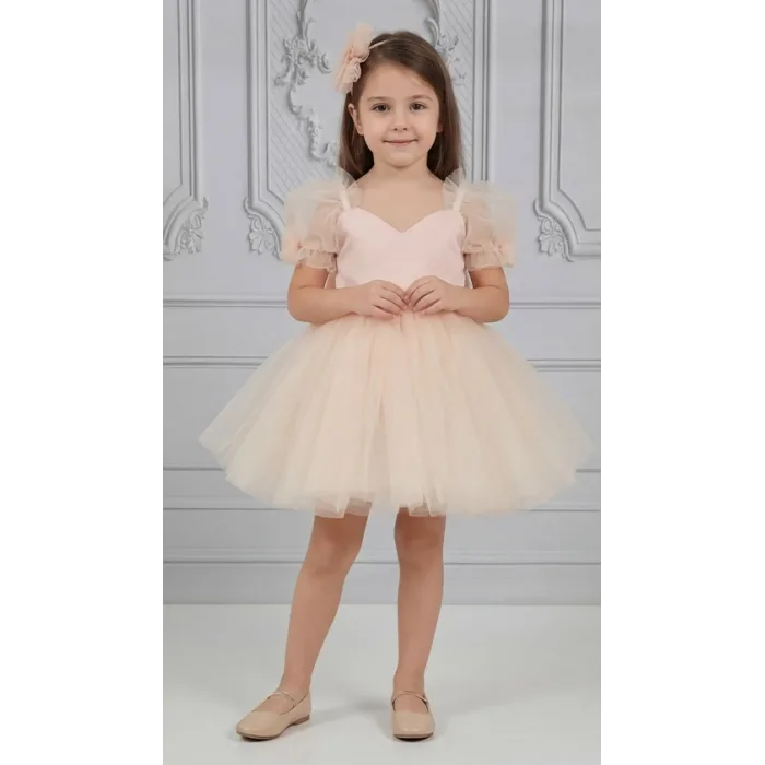 Kız Çocuk Somon Kalp Detaylı Kısa Balon Kol Kabarık Elbise