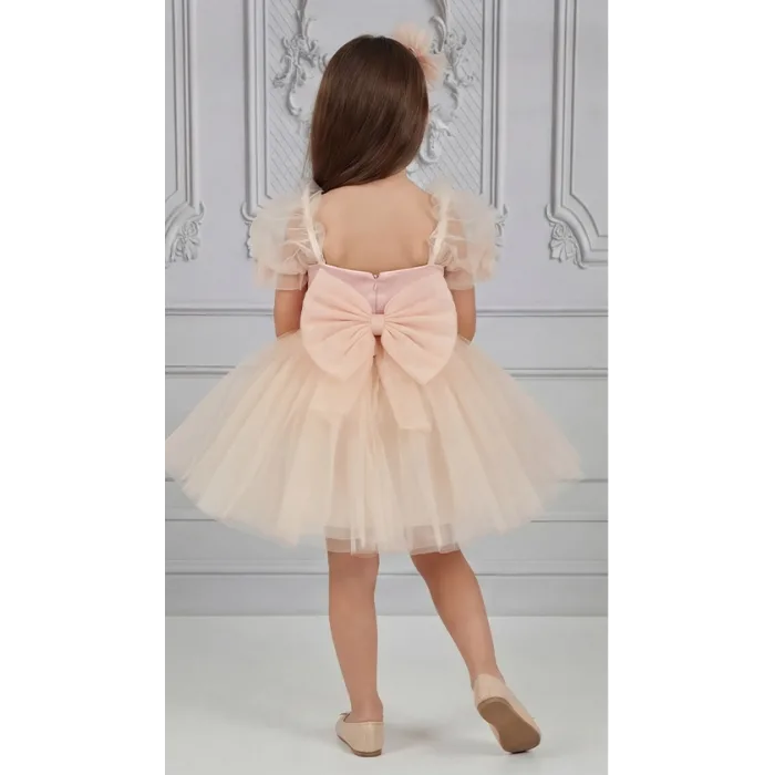 Kız Çocuk Somon Kalp Detaylı Kısa Balon Kol Kabarık Elbise