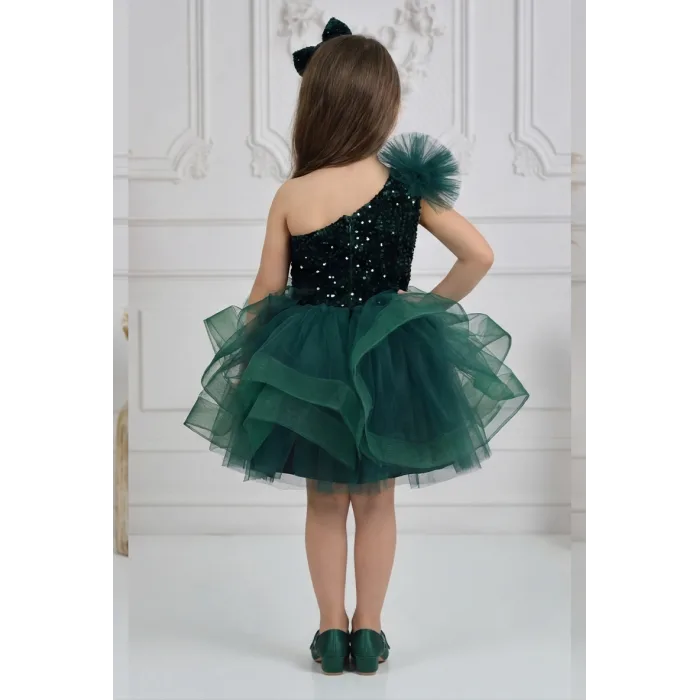 Kız Çocuk Zümrüt Yeşilli Payetli Kadife Grenli Tek Omuz Kabarık Elbise