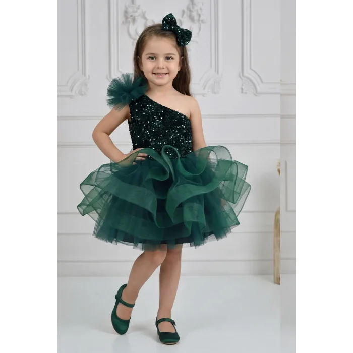 Kız Çocuk Zümrüt Yeşilli Payetli Kadife Grenli Tek Omuz Kabarık Elbise