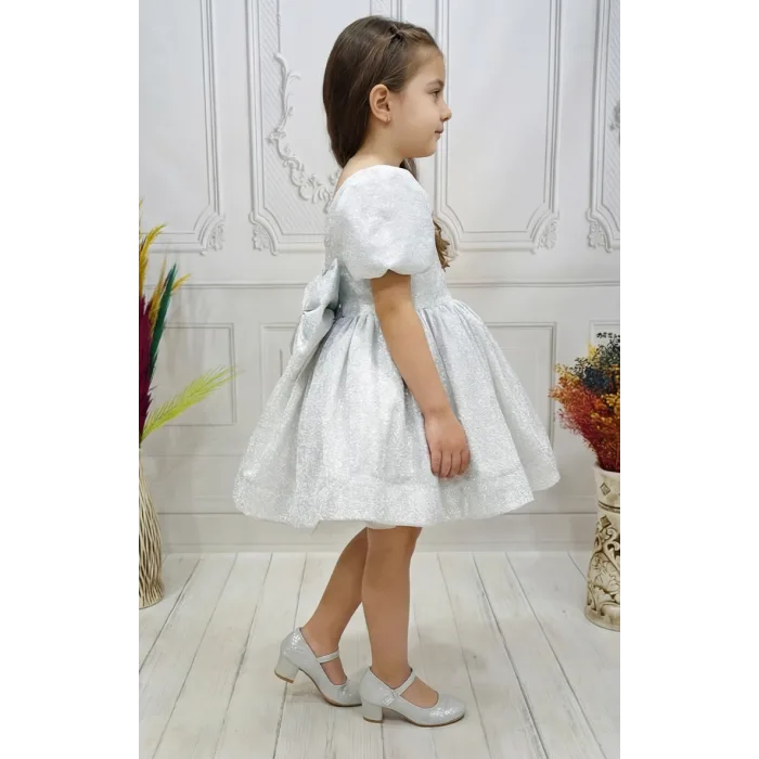 Gri Gümüş Parıltılı Kısa Kol Elbise Abiye Gelinlik
