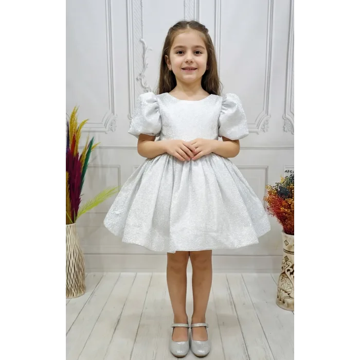 Gri Gümüş Parıltılı Kısa Kol Elbise Abiye Gelinlik