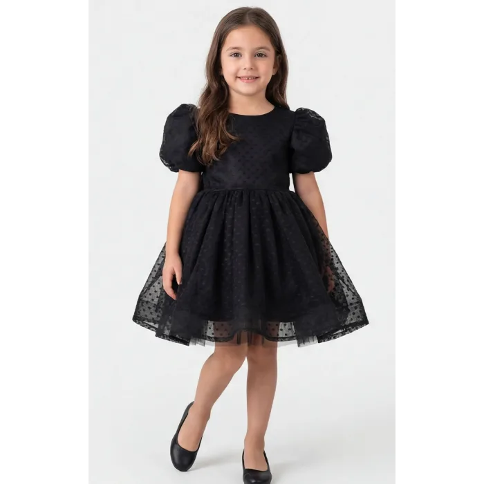 Siyah Flok Kabarık Elbise