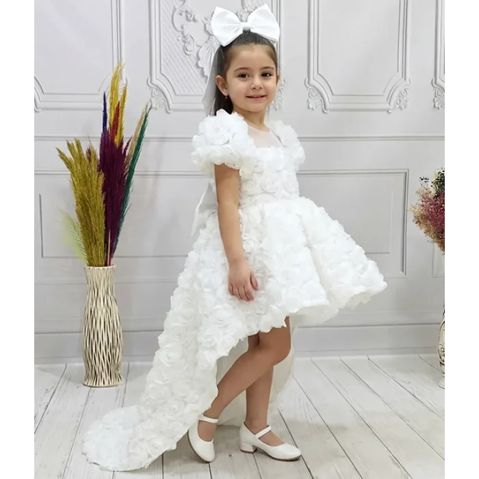 Kız Çocuk Beyaz Kuyruklu Şeffaf Gül Desenli Kısa Balon Kol Elbise Abiye