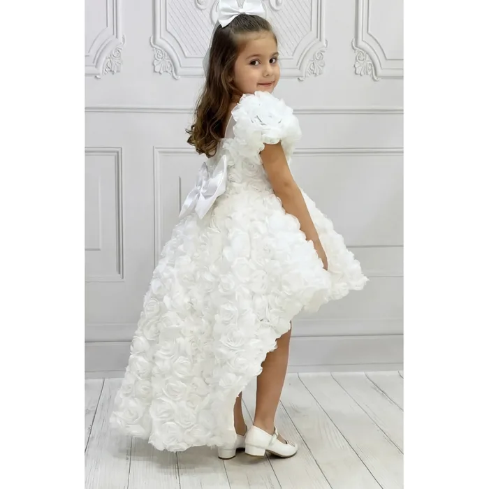 Kız Çocuk Beyaz Kuyruklu Şeffaf Gül Desenli Kısa Balon Kol Elbise Abiye