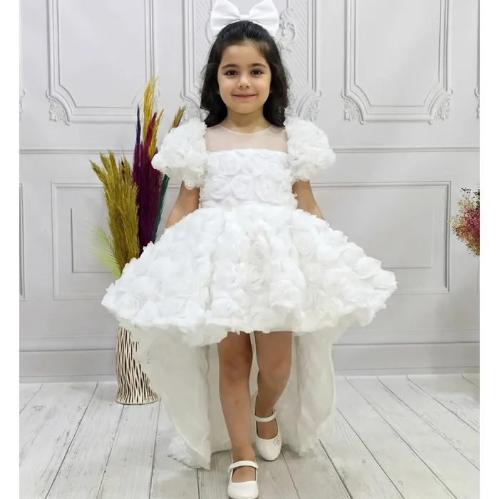 Kız Çocuk Beyaz Kuyruklu Şeffaf Gül Desenli Kısa Balon Kol Elbise Abiye