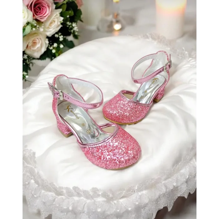 Kız Çocuk Pembe Taşlı Renk Topuklu Ayakkabı